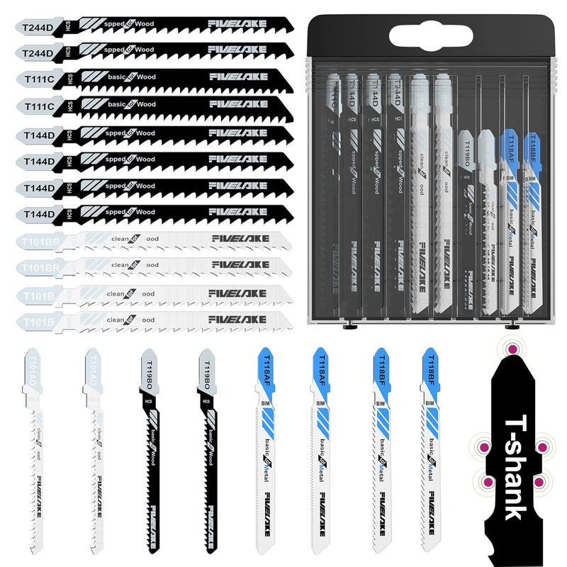 FIVELAKE T-Shank Jigsaw Blades Set with Case, 20Pcs Assorted Replacement Jigsaw Blades for Wood, Plastic and Metal Cutting (T118AF, T118BF, T101AO, T119BO, T101B, T101BR, T111C, T244D, T144D) - Image 1